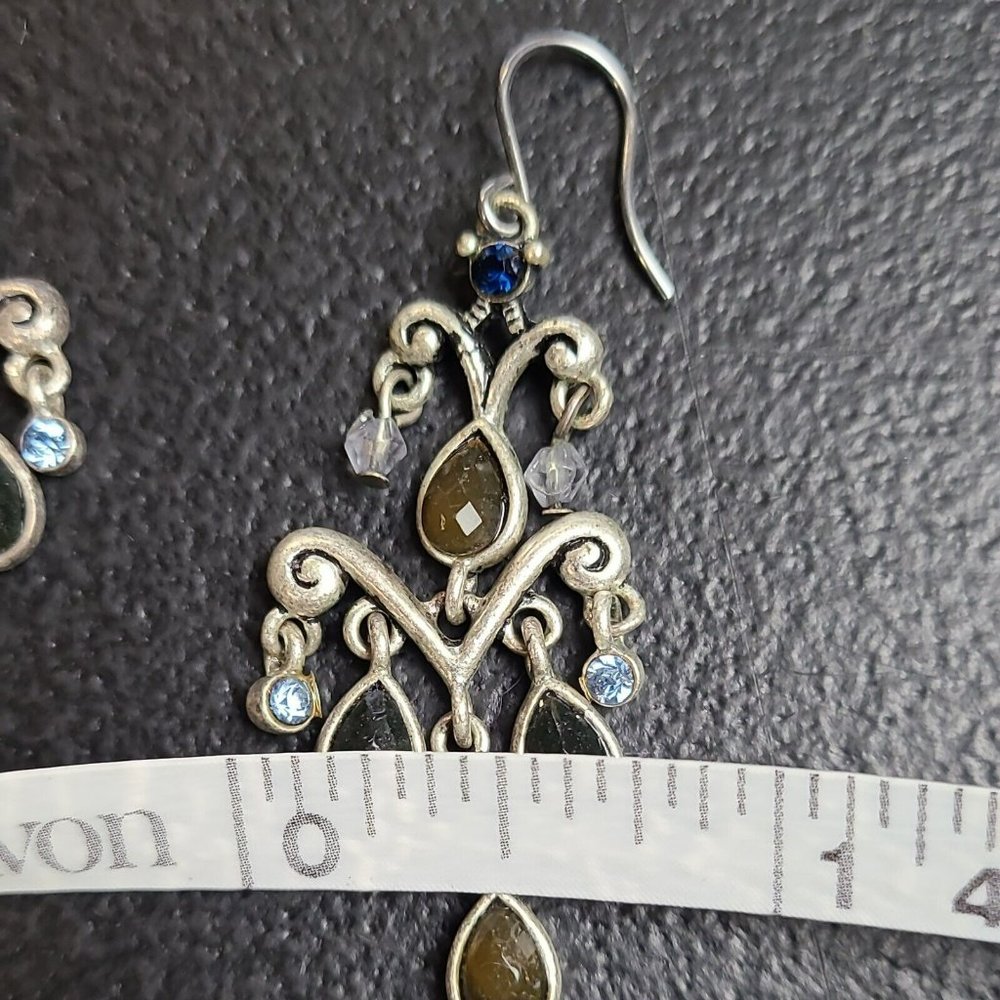 Retro Silvertone Long Blue Brown Drop Crystal Tassel Chandelier Hook Earrings 2" - Picture 6 of 7